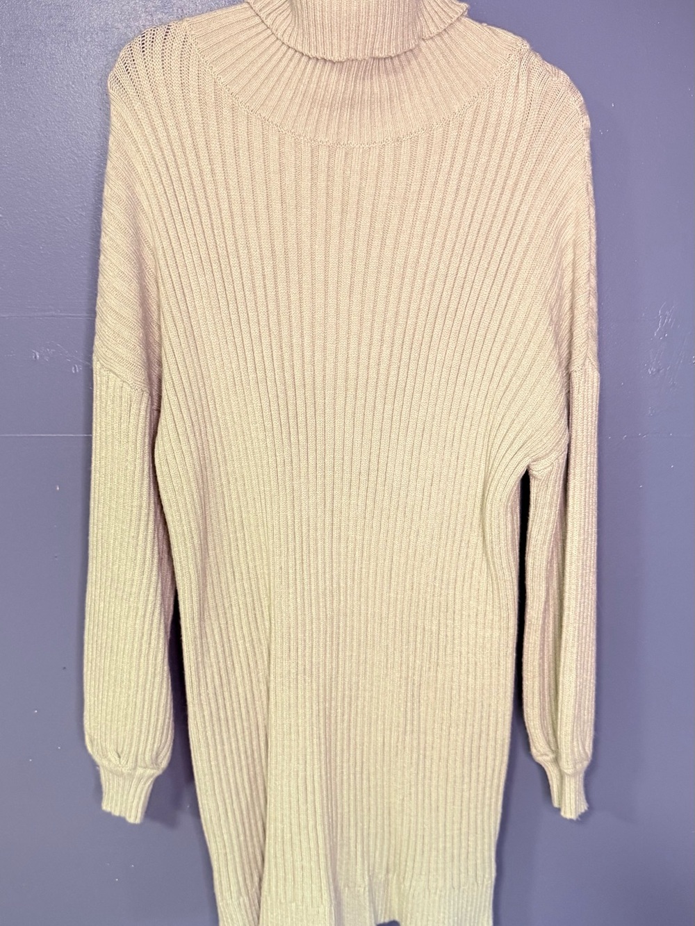 Cream Ribbed Turtleneck Sweater Dress
